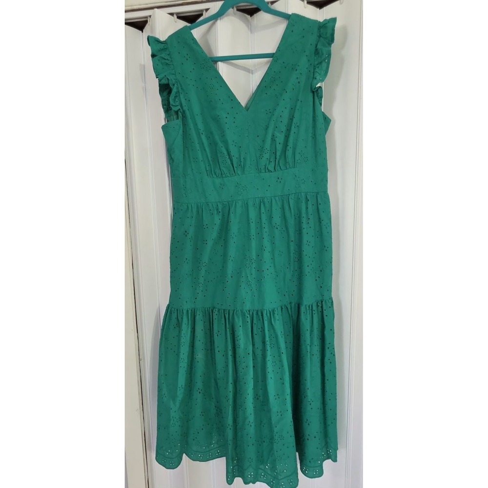 NWT Maggy London Womens Midi Green eyelet Dress Lined Full Skirt ruffles boho 14